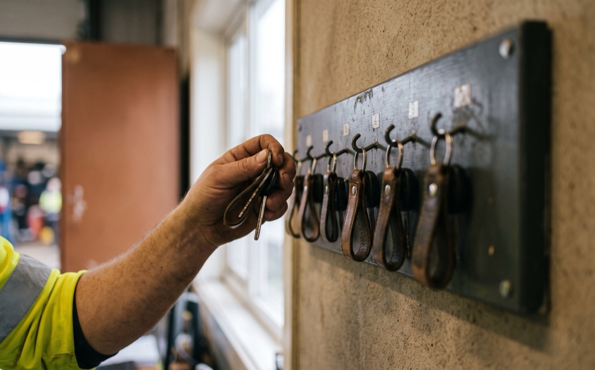 An engineer in a hi-vis jacket lifts a set of van keys from a row of hooks on a depot key board.