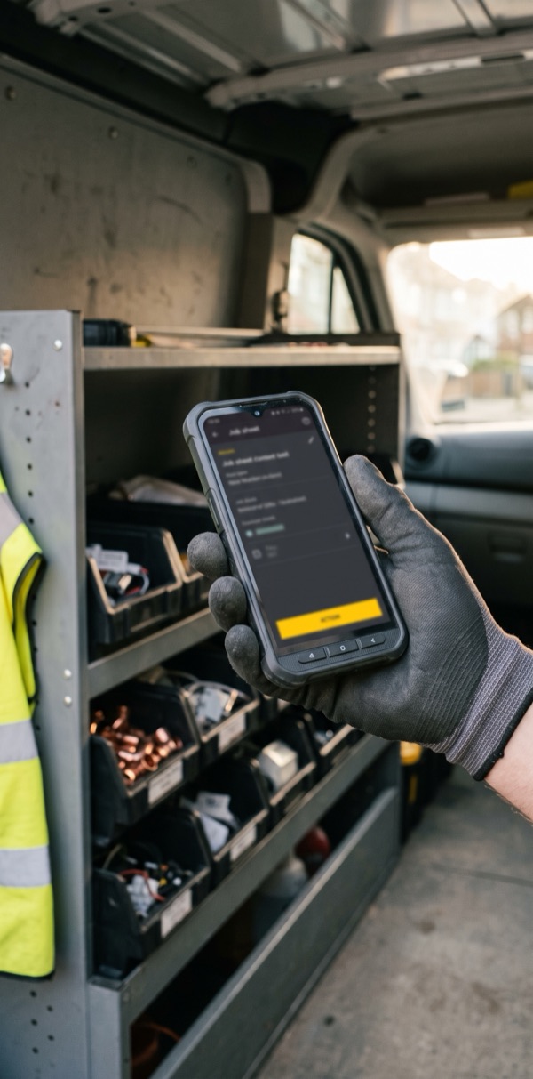 A gloved hand holds a rugged phone showing a Copperline job sheet with a yellow action button, in front of the parts bins in a van.