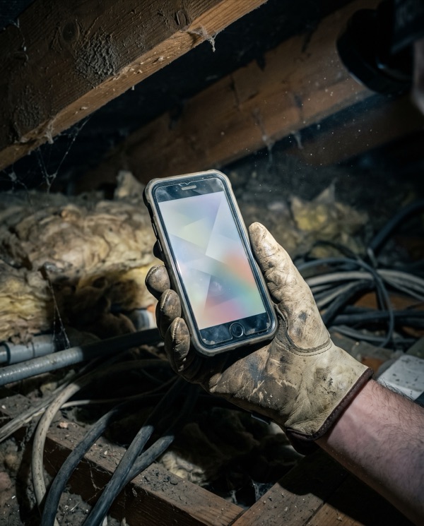 A gloved hand holds a phone up under floorboards, among cables and loft insulation.