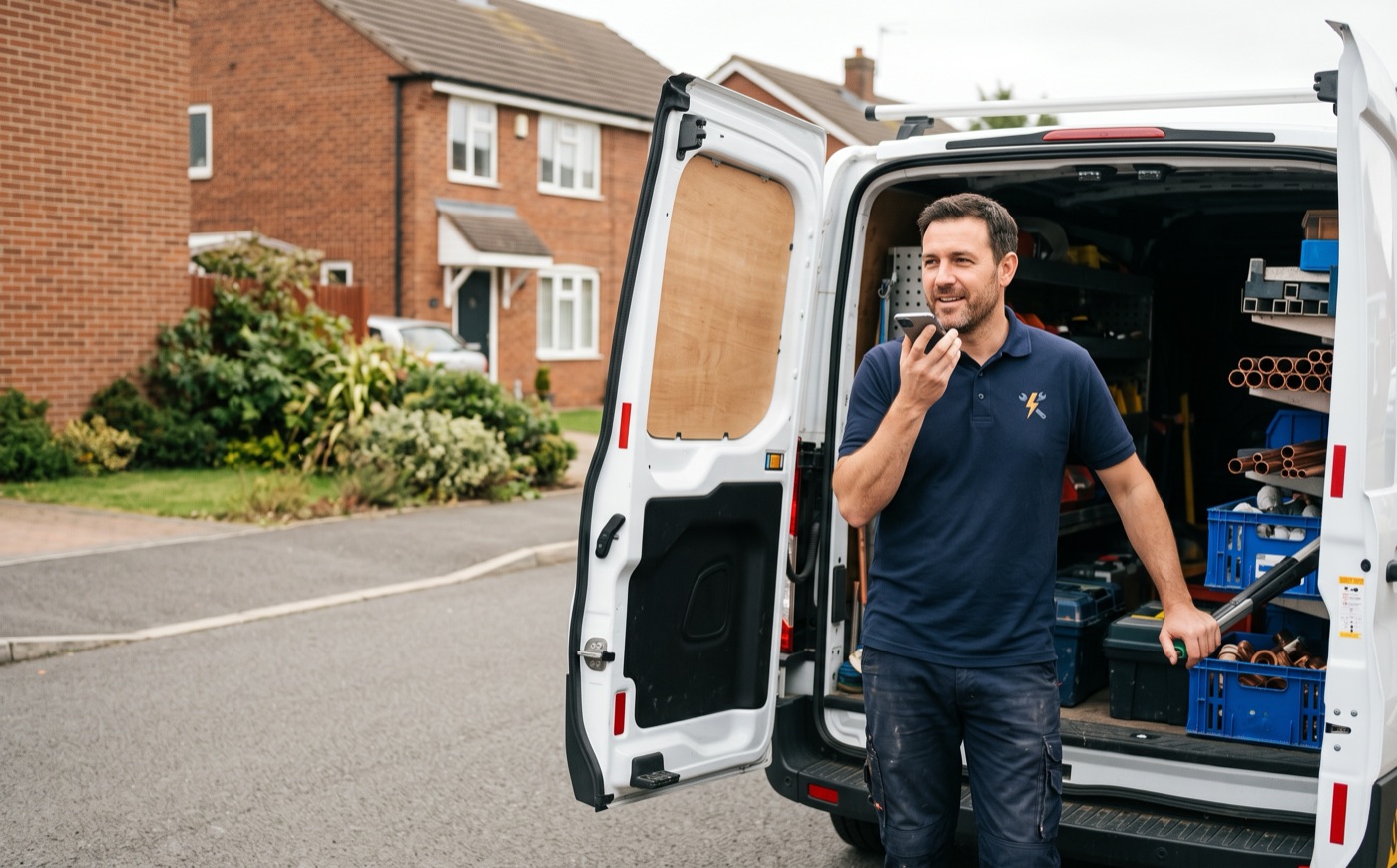An engineer stands at the open rear doors of his van on a suburban street, speaking into his phone.
