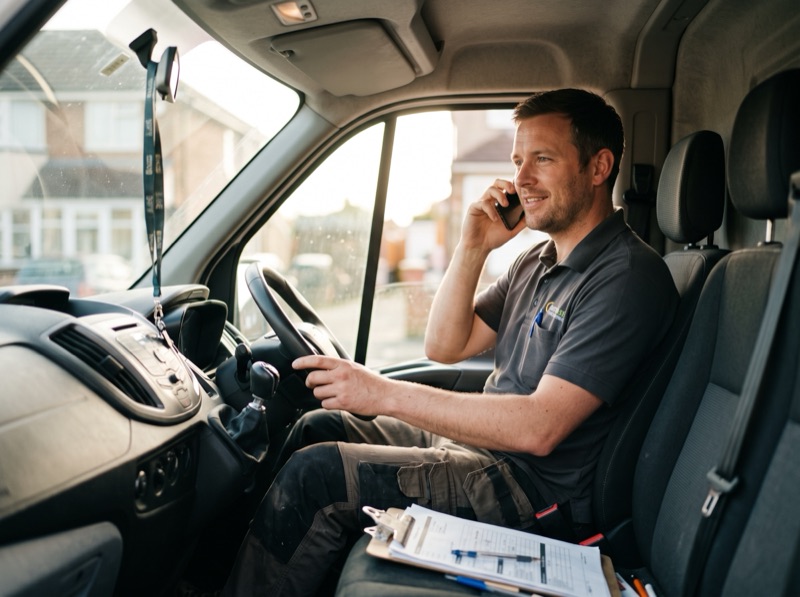An engineer sits in the driver's seat of his van taking a call, with job sheets on a clipboard across his lap.