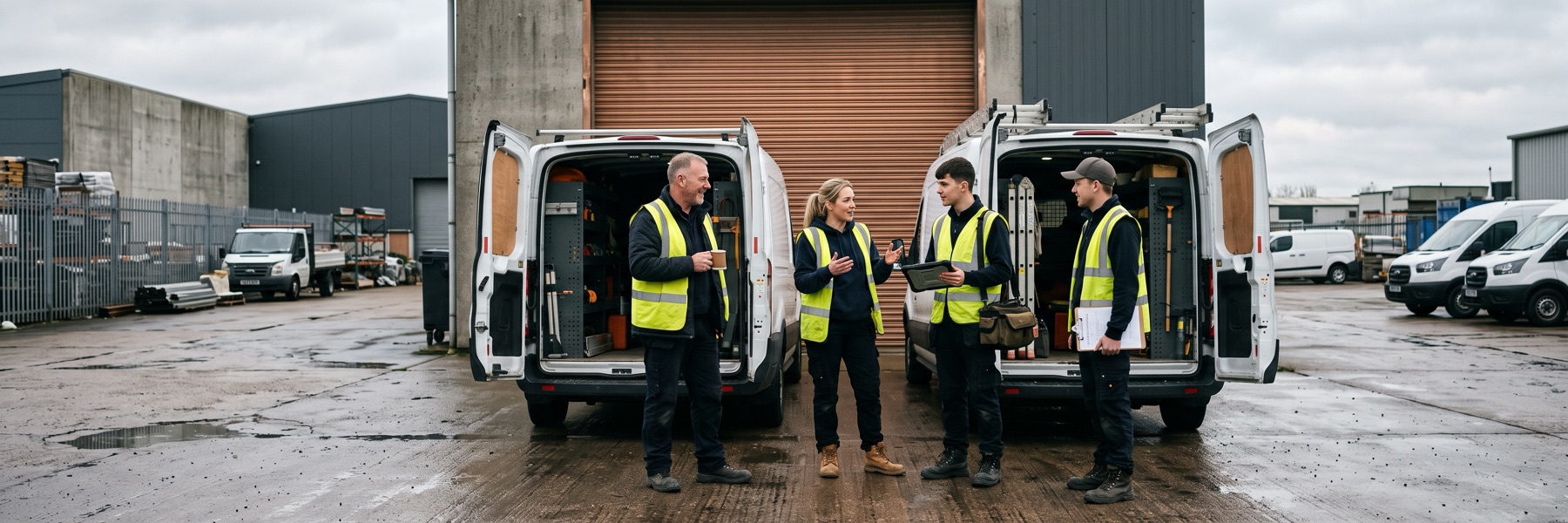 Four engineers in hi-vis vests stand talking at the open rear doors of two service vans in a wet depot yard at the start of a shift.